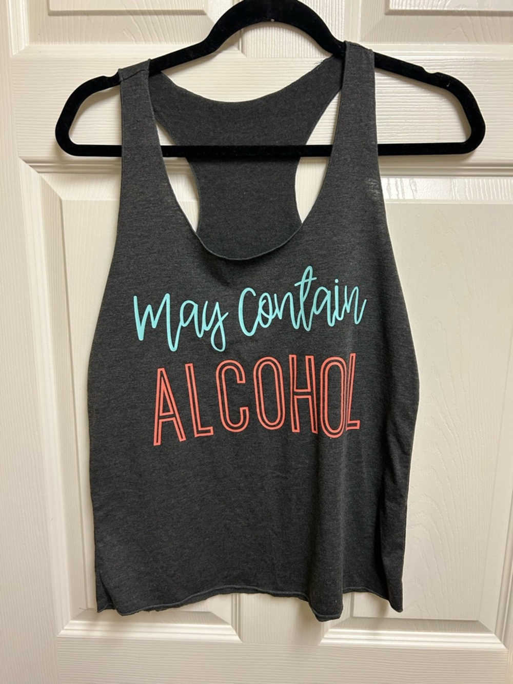 Charcoal Racerback Tank with 'May Contain Alcohol' Teal & Coral Print